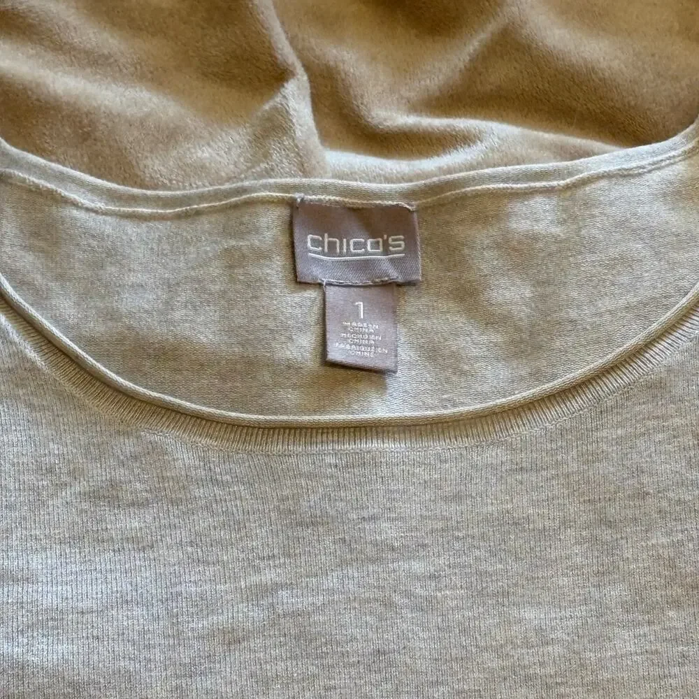Chico's Heathered Crewneck Pullover 1 Knit Long Sleeve Lighweight Beige